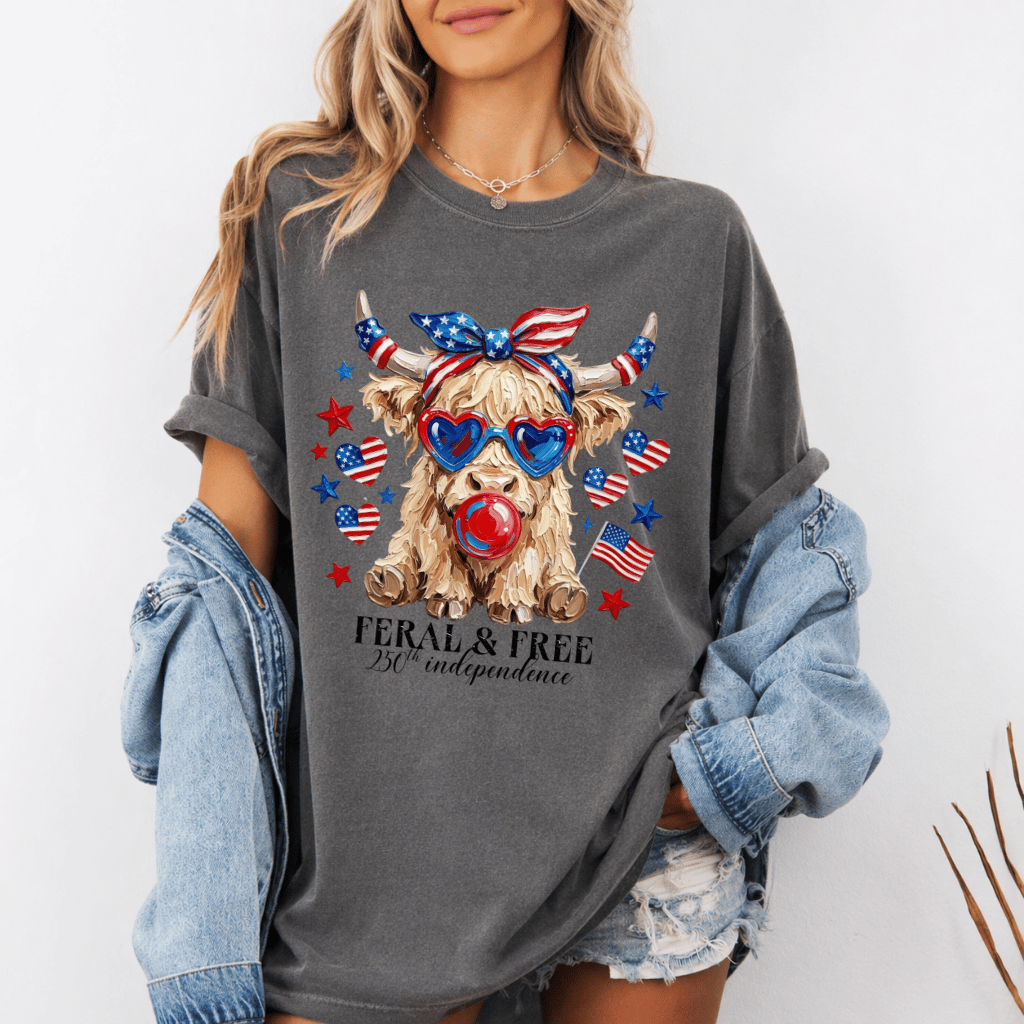 Feral & Free Highland Cow Comfort Colors Shirt – 4th of July Gift for Her, Funny Patriotic USA Tee - lifestyle view